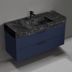Floating Bathroom Vanity, Modern, Blue, 48 inch, Black Marble Style Sink